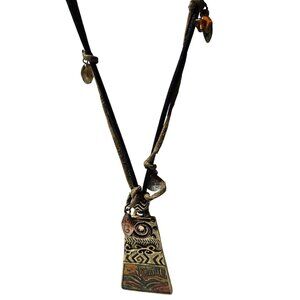 Chicos Tribal Brass Pendant Necklace Glass Bead Accents Leather Cord Jewelry